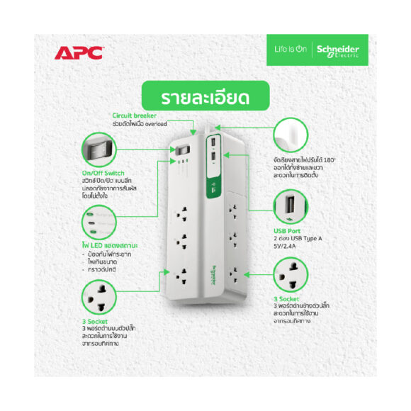 APC ปลั๊กพ่วงกันไฟกระชาก 6 ช่อง USB 2 ช่อง สายยาว 3 เมตร รุ่น PMS63U-TH - Image 2